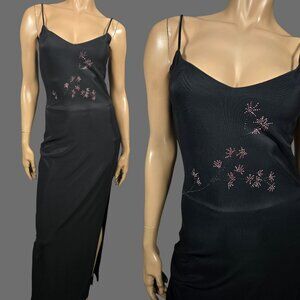 Vintage 90s Le Chateau Black Maxi Slip Dress High Slit Pink Rhinestones Size S